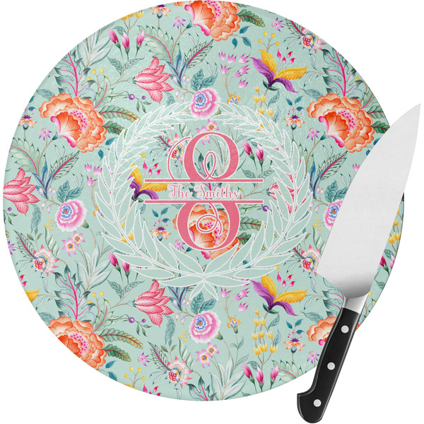 Custom Exquisite Chintz Round Glass Cutting Board - Medium (Personalized)