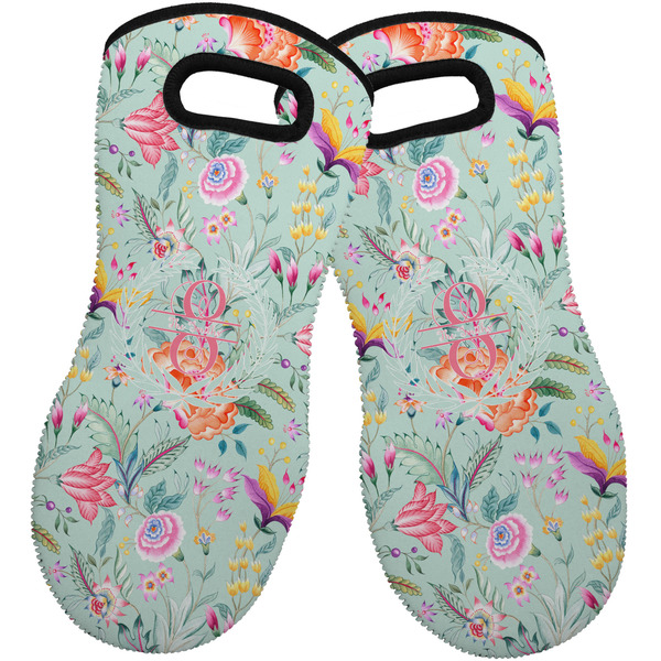 Custom Exquisite Chintz Neoprene Oven Mitts - Set of 2 w/ Name and Initial