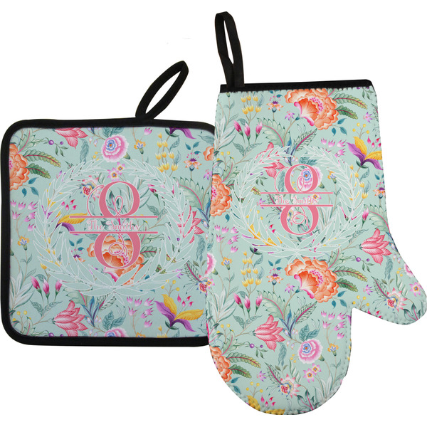 Custom Exquisite Chintz Oven Mitt & Pot Holder Set w/ Name and Initial