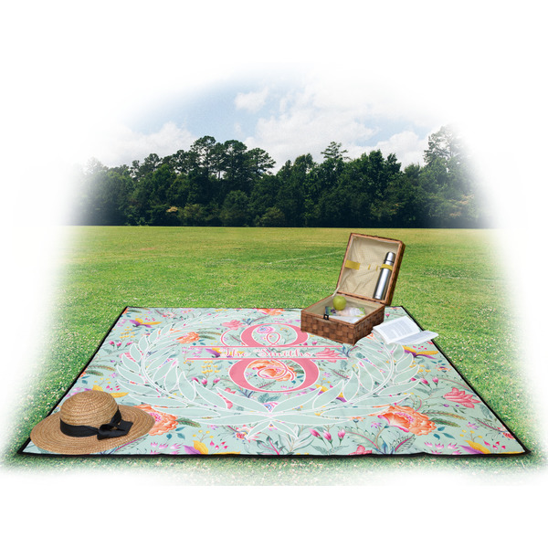 Exquisite Chintz Picnic Blanket - with Basket Hat and Book - in Use