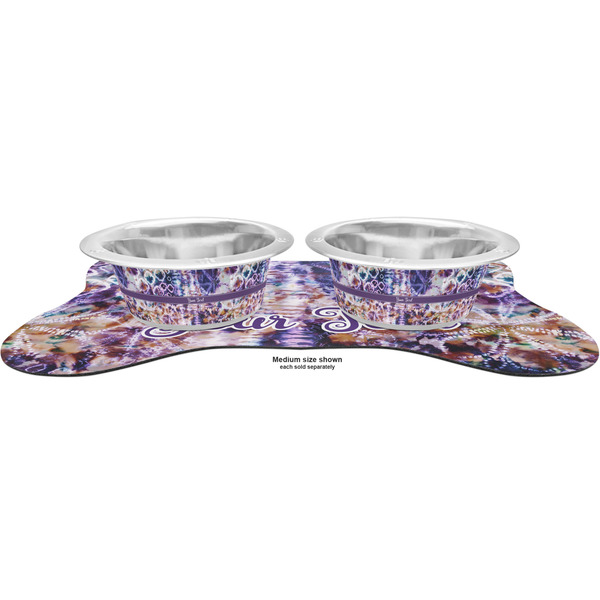 Tie Dye Metal Pet Bowls - On Dog Bone Shaped Mat