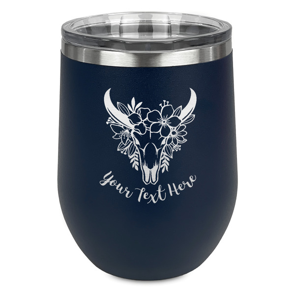 Custom Boho Stemless Stainless Steel Wine Tumbler - Navy - Double Sided (Personalized)
