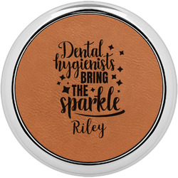 Dental Hygienist Leatherette Round Coaster w/ Silver Edge - Single or Set (Personalized)