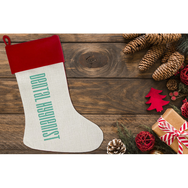 Dental Hygienist Linen Stocking w/Red Cuff - Flat Lay (LIFESTYLE)