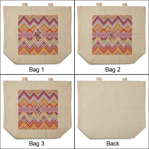Ikat Chevron 3 Reusable Cotton Grocery Bags - Front & Back View