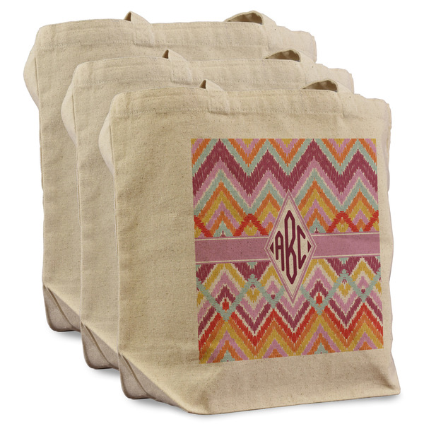 Custom Ikat Chevron Reusable Cotton Grocery Bags - Set of 3 (Personalized)