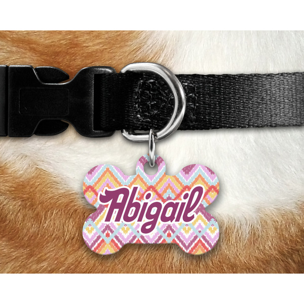 Ikat Chevron Bone Shaped Dog Tag on Collar & Dog