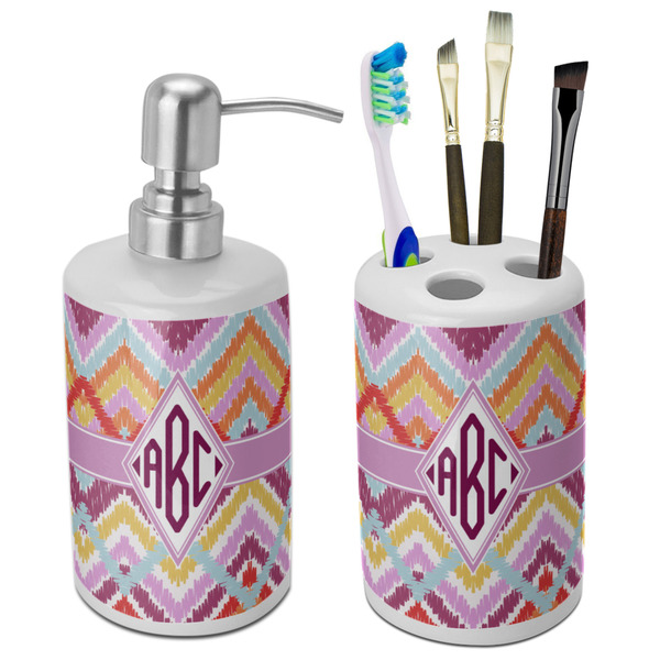 Custom Ikat Chevron Ceramic Bathroom Accessories Set (Personalized)