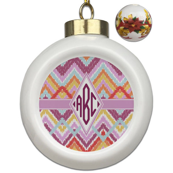Custom Ikat Chevron Ceramic Ball Ornaments - Poinsettia Garland (Personalized)
