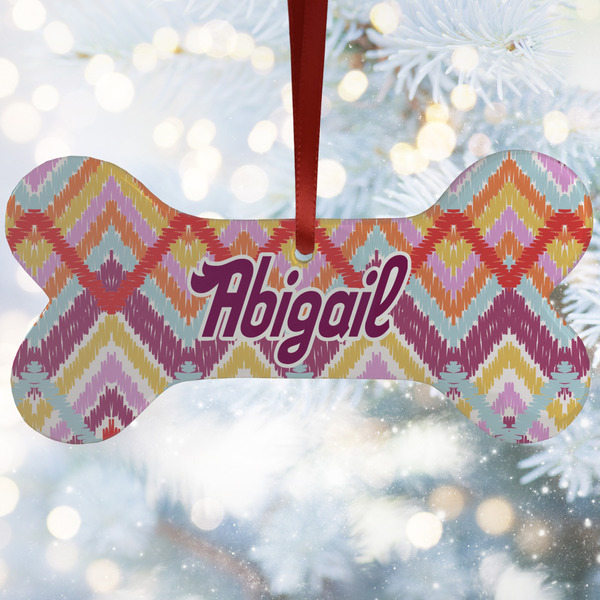 Custom Ikat Chevron Ceramic Dog Ornament w/ Monograms