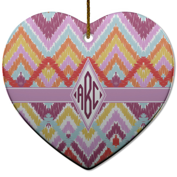 Custom Ikat Chevron Heart Ceramic Ornament w/ Monogram