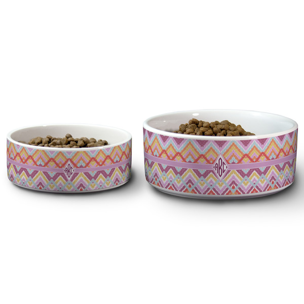 Ikat Chevron Ceramic Dog Bowls - Size Comparison