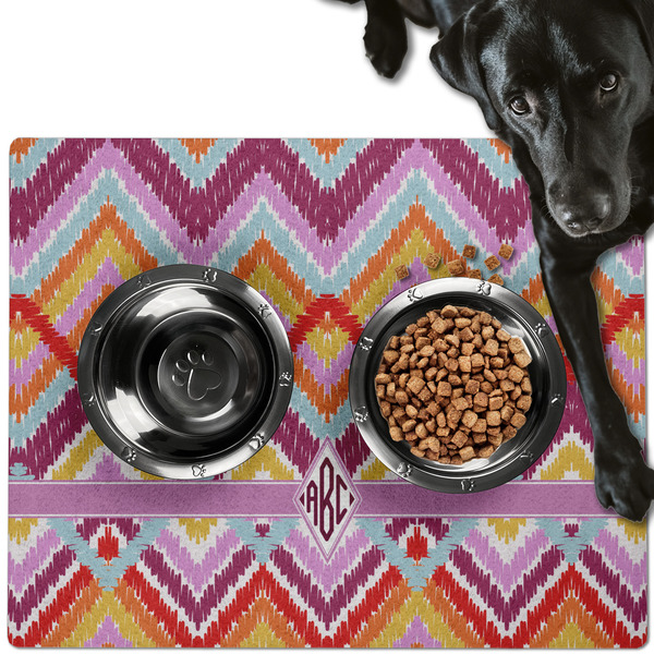 Custom Ikat Chevron Dog Food Mat - Large w/ Monogram