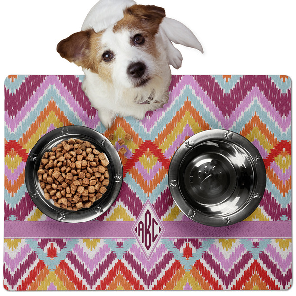 Custom Ikat Chevron Dog Food Mat - Medium w/ Monogram