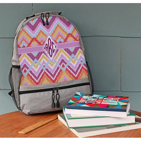 Ikat Chevron Large Backpack - Gray - On Desk