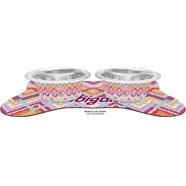 Ikat Chevron Metal Pet Bowls - On Dog Bone Shaped Mat