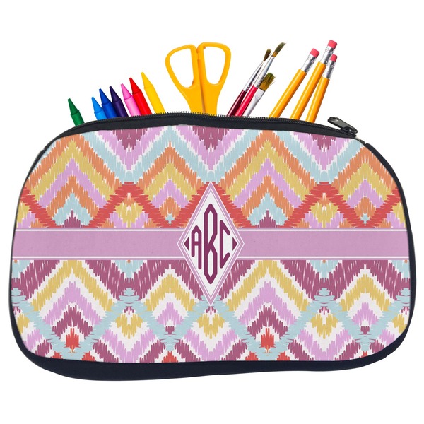Custom Ikat Chevron Neoprene Pencil Case - Medium w/ Monogram