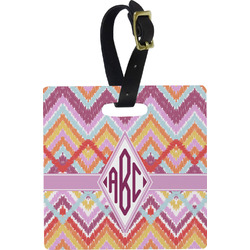 Ikat Chevron Plastic Luggage Tag - Square w/ Monogram
