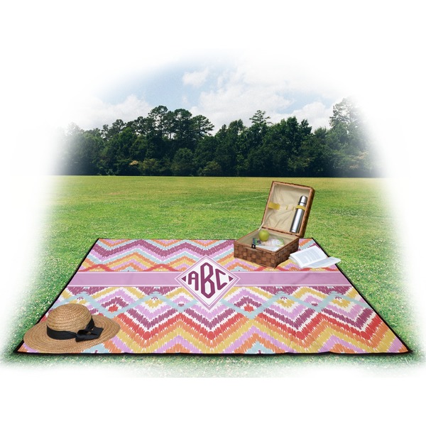 Ikat Chevron Picnic Blanket - with Basket Hat and Book - in Use