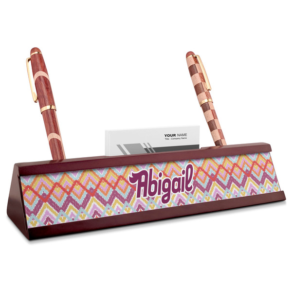 Custom Ikat Chevron Red Mahogany Nameplate with Business Card Holder (Personalized)