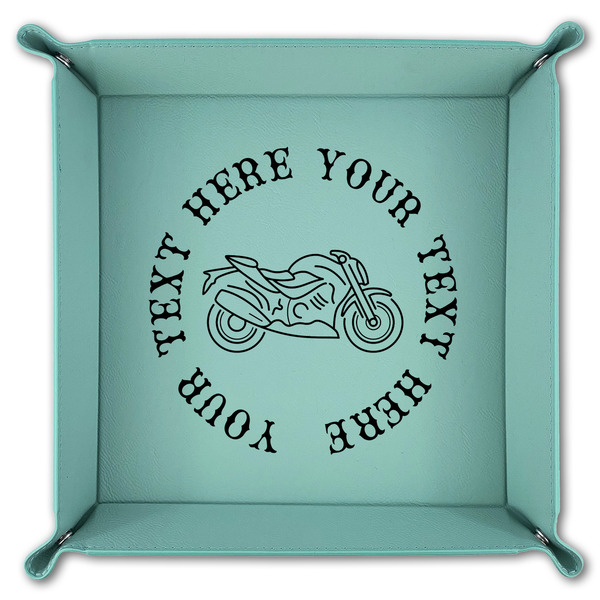 Motorcycle 9" x 9" Teal Leatherette Snap Up Tray - FOLDED