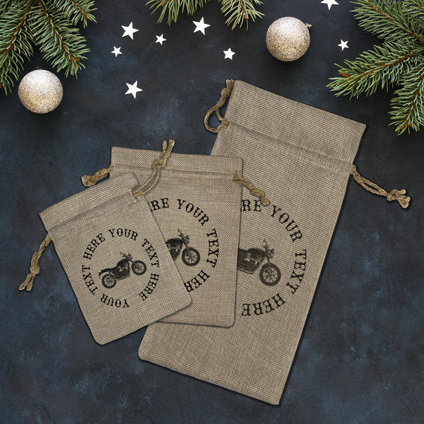 Motorcycle Burlap Gift Bags - LIFESTYLE (Flat lay)