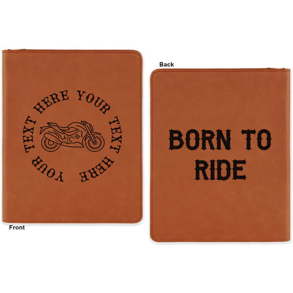 Motorcycle Cognac Leatherette Zipper Portfolios with Notepad - Double Sided - Apvl