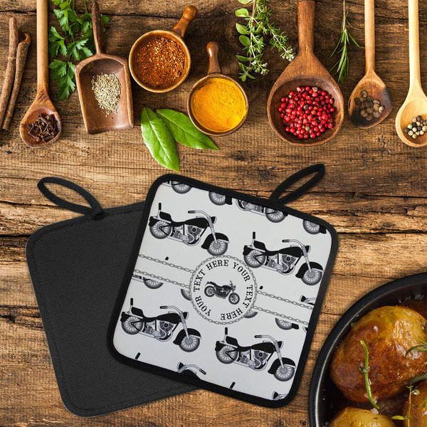 Motorcycle Neoprene Pot Holder - Set of 2  LIFESTYLE (Flatlay)