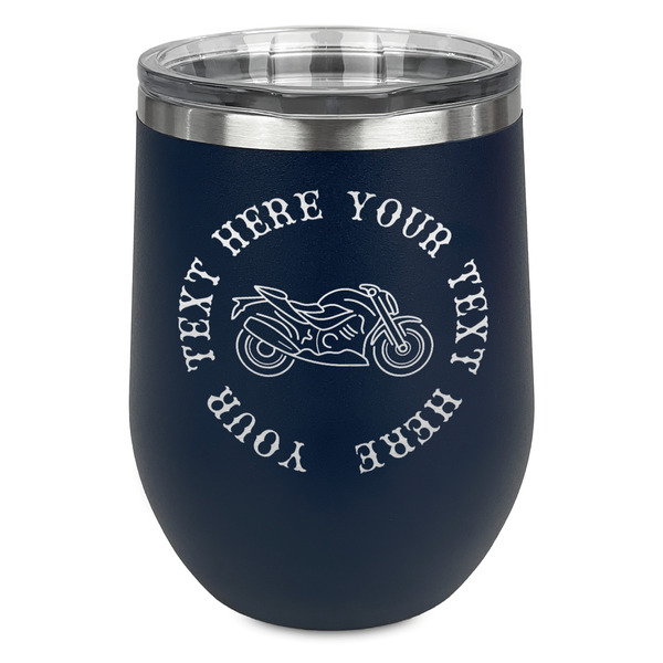 Custom Motorcycle Stemless Stainless Steel Wine Tumbler - Navy - Single Sided (Personalized)