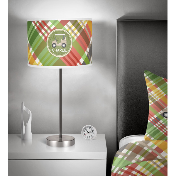 Golfer's Plaid 13 inch drum lamp shade - in room