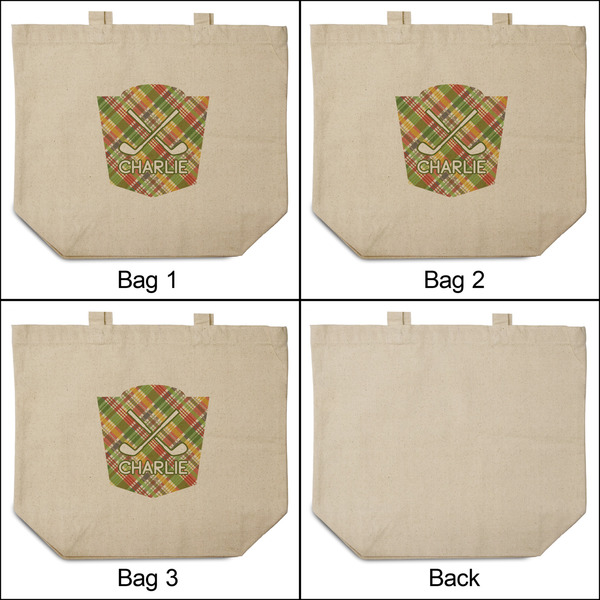Golfer's Plaid 3 Reusable Cotton Grocery Bags - Front & Back View