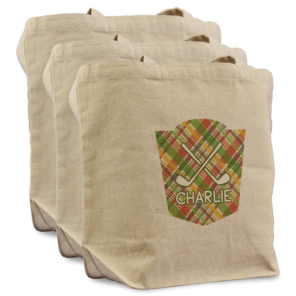 Custom Golfer's Plaid Reusable Cotton Grocery Bags - Set of 3 (Personalized)