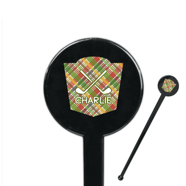 Custom Golfer's Plaid 7" Round Plastic Stir Sticks - Black - Single Sided (Personalized)