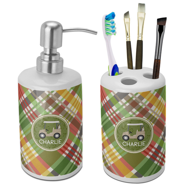 Custom Golfer's Plaid Ceramic Bathroom Accessories Set (Personalized)