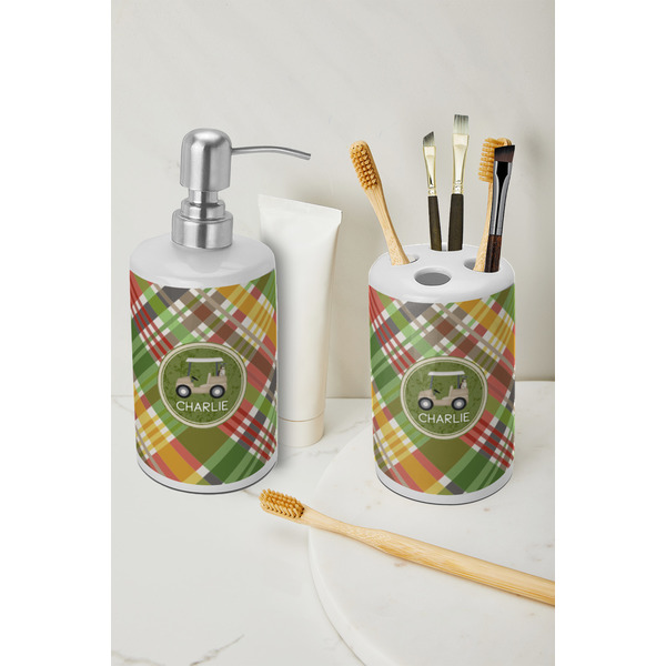 Golfer's Plaid Ceramic Bathroom Accessories - LIFESTYLE (toothbrush holder & soap dispenser)