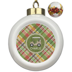 Golfer's Plaid Ceramic Ball Ornaments - Poinsettia Garland (Personalized)