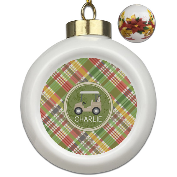 Custom Golfer's Plaid Ceramic Ball Ornaments - Poinsettia Garland (Personalized)