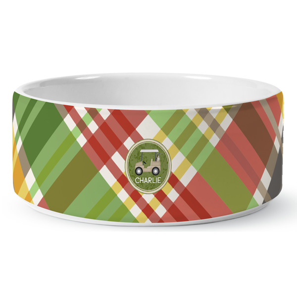 Golfer's Plaid Ceramic Dog Bowl - Medium - Front