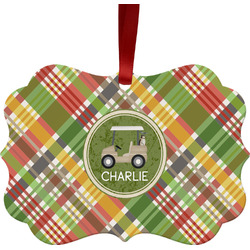Golfer's Plaid Metal Frame Ornament - Double Sided w/ Name or Text