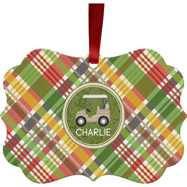 Custom Golfer's Plaid Metal Frame Ornament - Double Sided w/ Name or Text