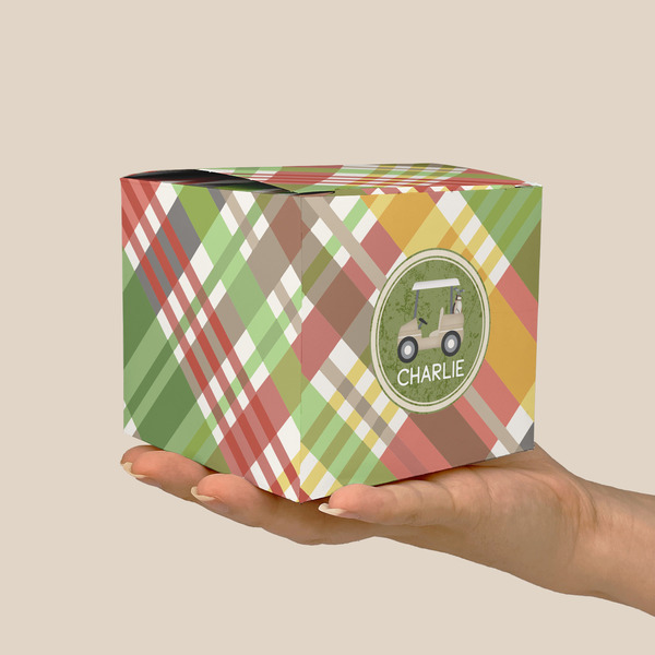Golfer's Plaid Cube Favor Gift Box - On Hand - Scale View