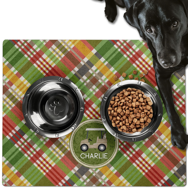 Golfer's Plaid Dog Food Mat - Large LIFESTYLE