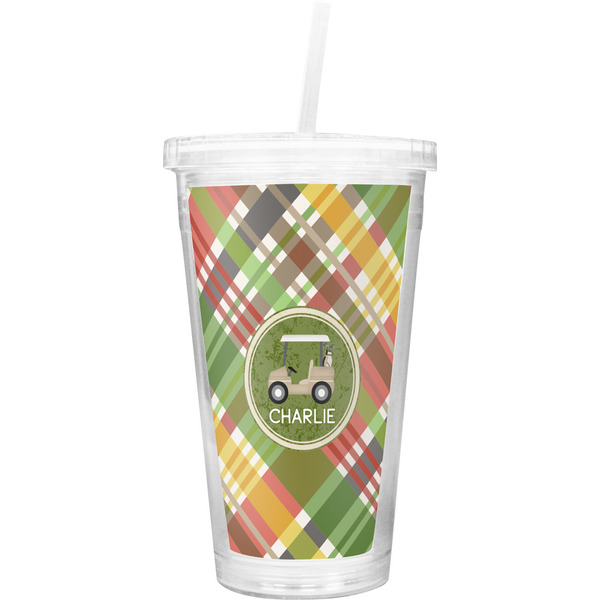 Custom Golfer's Plaid Double Wall Tumbler with Straw (Personalized)