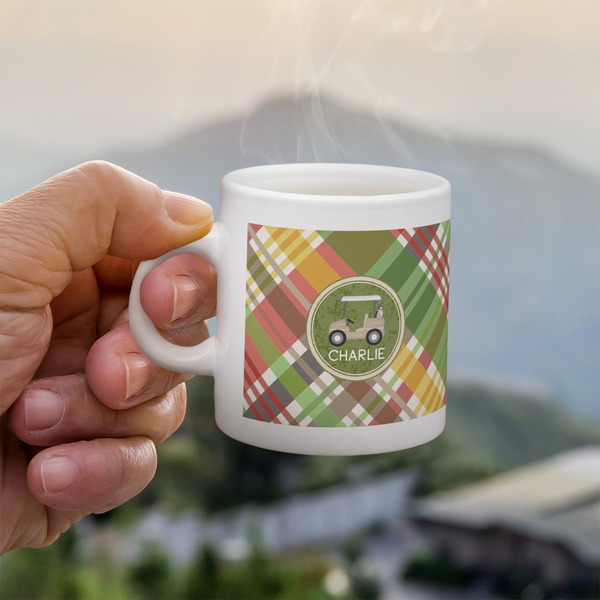 Golfer's Plaid Espresso Cup - 3oz LIFESTYLE (new hand)