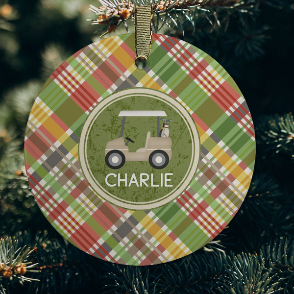 Golfer's Plaid Frosted Glass Ornament - Round (Lifestyle)