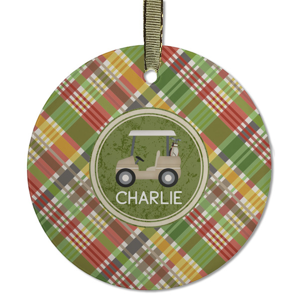 Custom Golfer's Plaid Flat Glass Ornament - Round w/ Name or Text