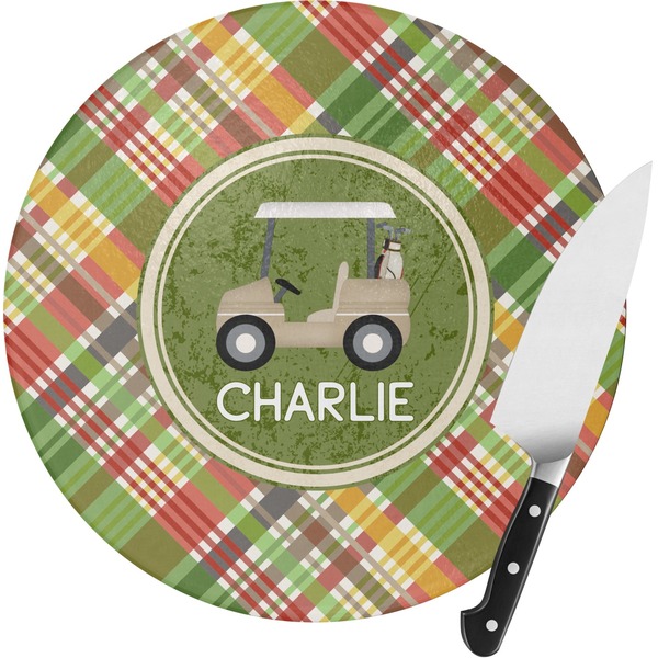 Custom Golfer's Plaid Round Glass Cutting Board (Personalized)