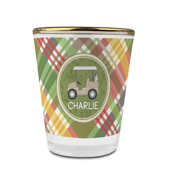 Golfer's Plaid Glass Shot Glass - With gold rim - FRONT