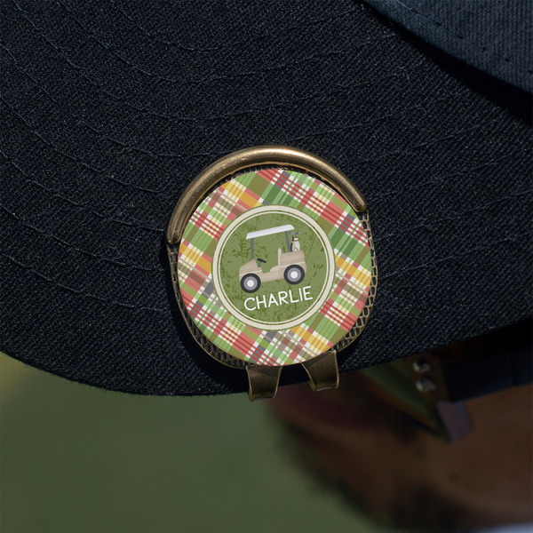 Golfer's Plaid Golf Ball Marker Hat Clip - Gold - On Hat