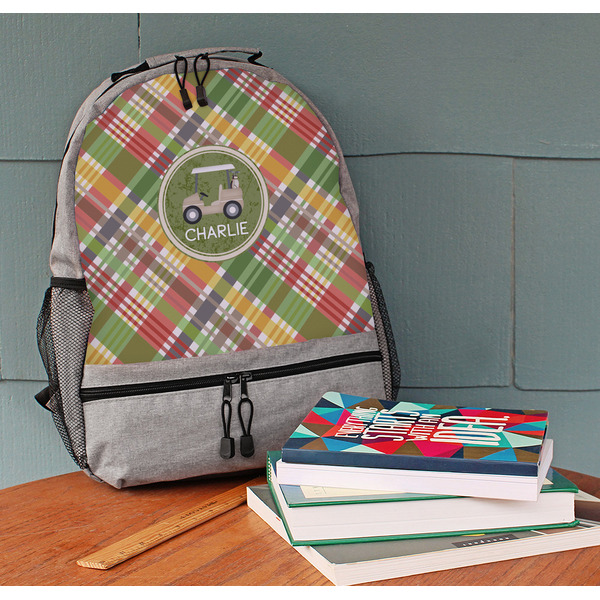 Golfer's Plaid Large Backpack - Gray - On Desk